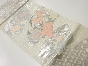 アンティーク　九百錦プラチナ箔地紙に花鳥模様織出し袋帯（材料）